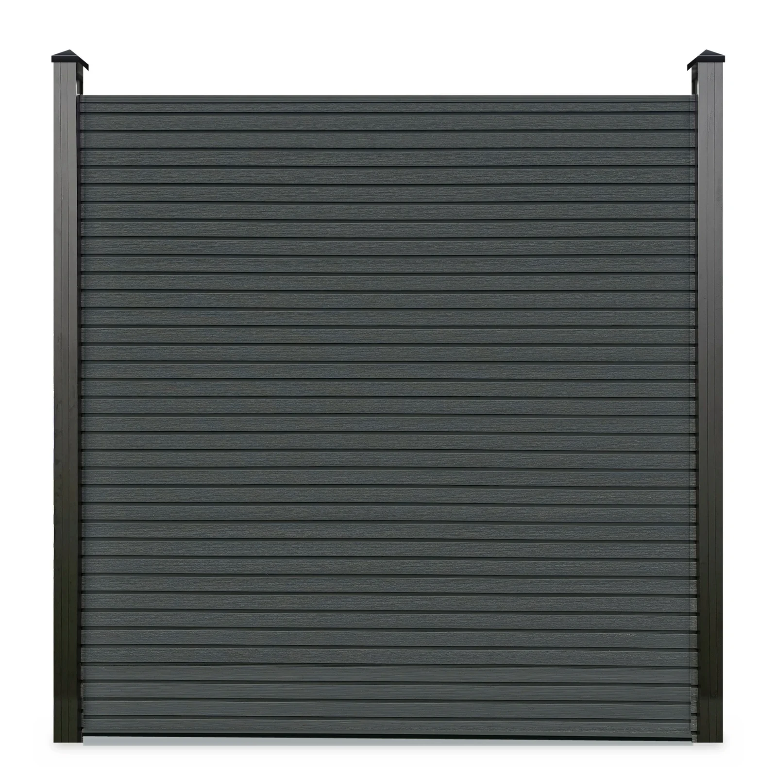 Nordvesta Linear WPC-composiet schutting in Charcoal met zwarte aluminium palen
